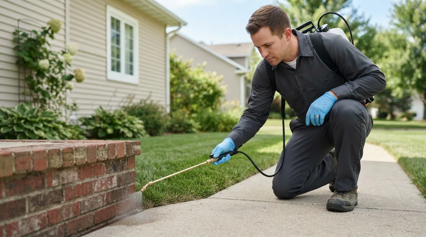 Pest control technician treating a home near Acton, CA